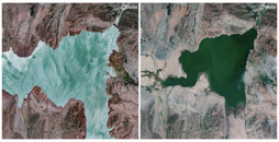 Series of Reuters images documenting the significant drop in water levels at the Sefidrud Dam over one year.